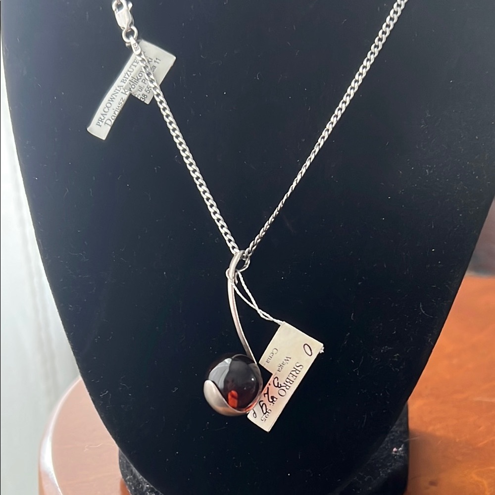 Poland Made Sterling Silver and Red Amber Pendant W/ 925 chain